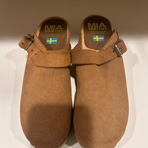 MIA Tan Suede Clogs with Buckle